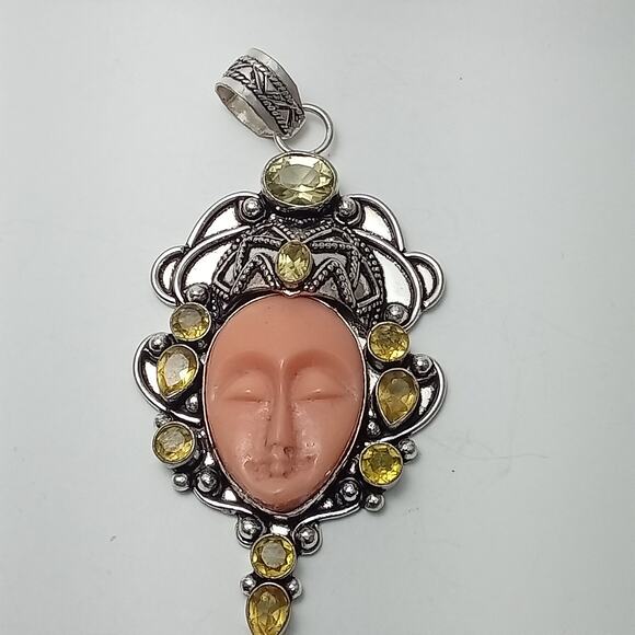Sterling Silver Bali Goddess Pendant with Pink Carved Face and Citrine Gems - Picture 7 of 9